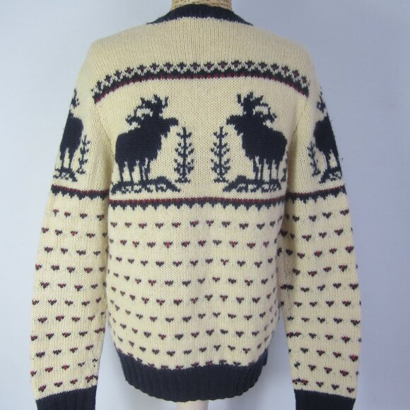 J Crew Womens Small Ivory Red Navy Reindeer Wool LS Sweater Crew Neck Hand Knit - Picture 2 of 11